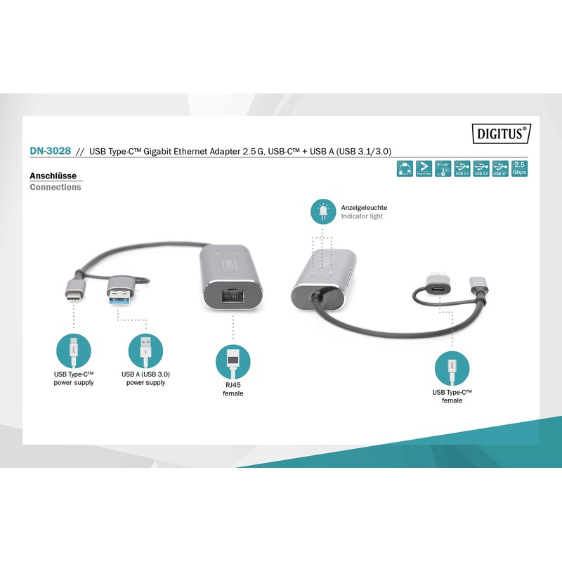 DIGITUS DN-3028 USB Type-C™ Gigabit Ethernet Adapter 2.5G, USB-C™ +