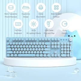 LexonElec Typewriter Style Retro Mechanical Gaming Keyboard, Vintage Steampunk with White LED Backlit, Wired 104-Key Blue Switch Cute Keyboard, Round Keycaps Knob Control for PC/Laptop/Mac (Blue)