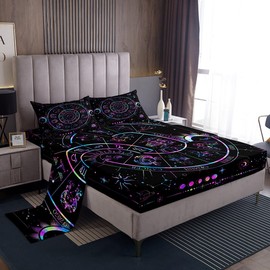 Sun and Moon Sheet Set King Size,Starry Galaxy Zodiac Constellation Bedding Set 4Pcs for Teens Woman Men Room Decor,Neon Blue Purple Bed Sheet Hippie Boho Fitted + Flat Sheet,2 Pillowcases