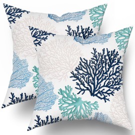 Summer Coastal Throw Pillow Covers Set of 2 Farmhouse Coral Branch Ocean Themed Pillowcase Soft Cotton Square Cushion Covers for Home Couch Sofa Patio Bedroom 16X16 Inches