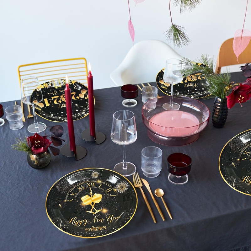 CIEOVO 60 Count Happy New Year Disposable Plates, Black Gold