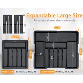 Homecor Silverware Organizer - Expandable Large Kitchen Drawer Organizer Utensil Organizer with 2 Removable Knife Blocks, 22"x 19"Cutlery Tray Drawer Dividers for Kitchen Flatware(6-9 Slots) (Black)