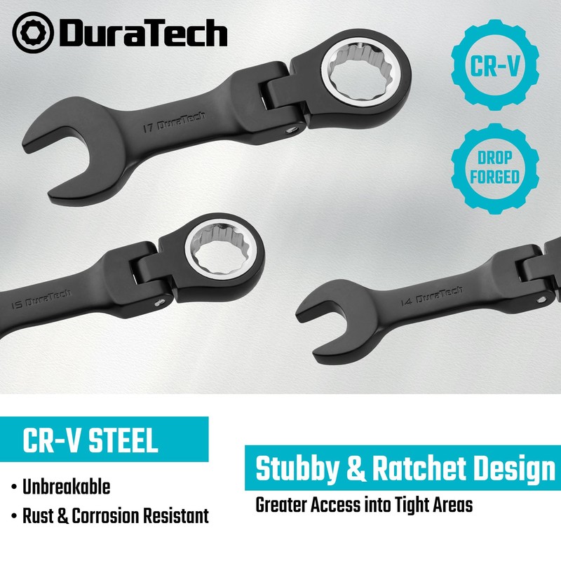 DURATECH Stubby Flex-head Ratcheting Combination Wrench Set, 8-piece, Metric, 9