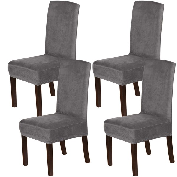 H.VERSAILTEX Velvet Dining Chair Covers Stretch Chair Covers for Dining Room Set of 4 Parson Chair Slipcovers Chair Protectors Covers Dining, Soft Thick Solid Velvet Fabric Washable, Grey