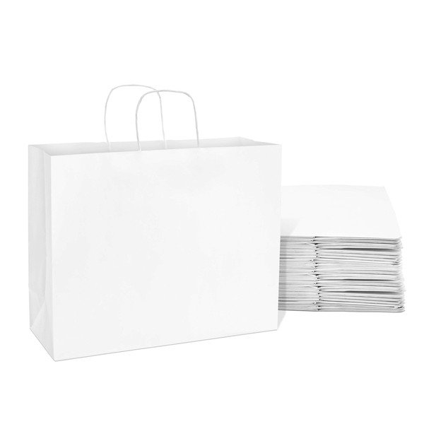 Large Gift Bags - 16x6x12 Inch 25 Pack White Kraft Paper Shopping Bags with Handles, Large Craft Totes in Bulk for Boutiques, Small Business, Retail Stores, Birthdays, Party Favors, Merchandise