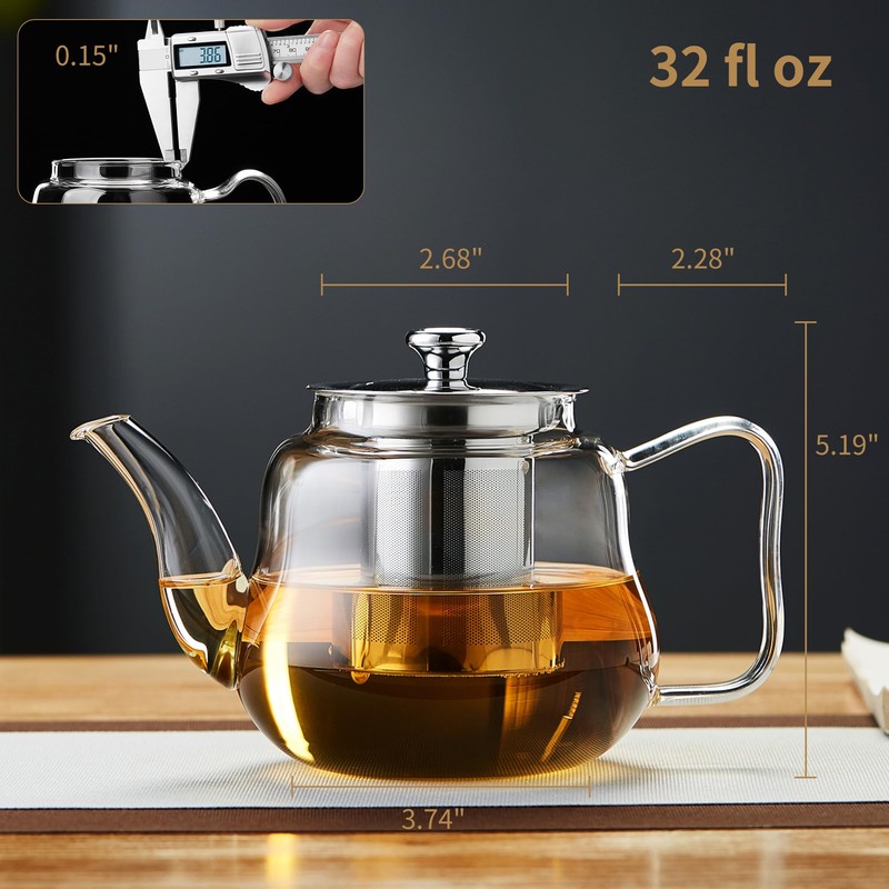 Glass Tea Pot with Infuser and Lid, Heat Resistance Borosilicate