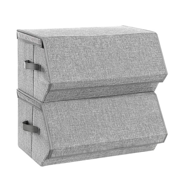 SONGMICS Stackable Storage Bins, Set of 2 Fabric Storage Boxes with Lids, with Magnetic Closures, Lid Can Stay Open After Stacking, ‎19.7 x 13.8 x 9.8 Inches, Light Gray URLB03GY