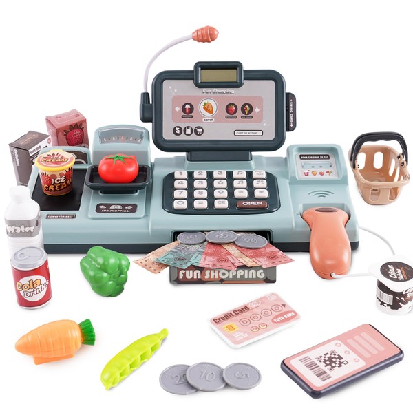 Cash Register Toy with Sound, Scanner, Microphone, Card Reader Accessory Set, Supermarket Toy for Children 3 Years Girl Boy, Green