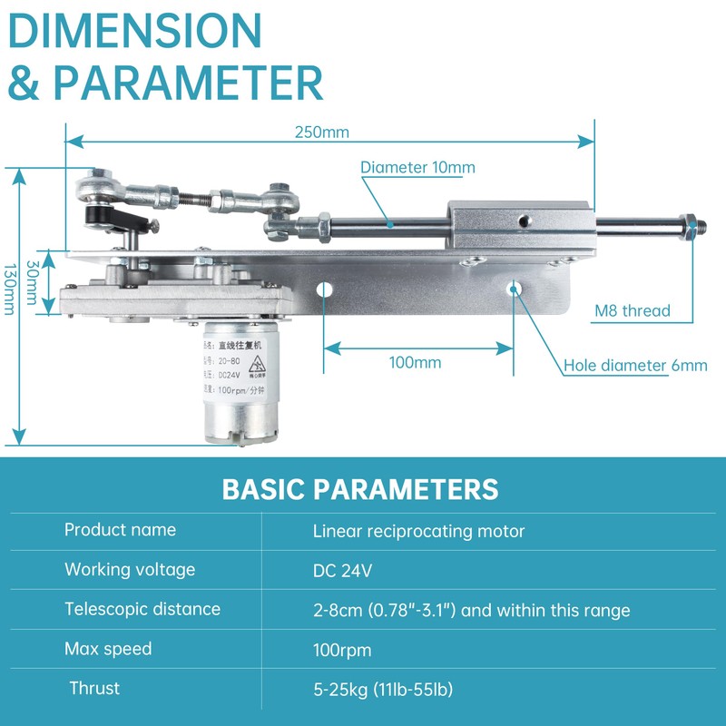 YIDOFENG Reciprocating Cycle Linear Actuator Stroke 2cm-8cm, DC 24V 120RPM,Adjustable