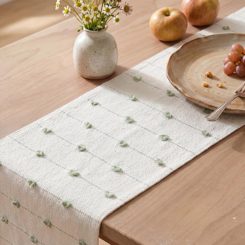 Artoid Mode Sage Green Boho Farmhouse Cotton Woven Table Runner,