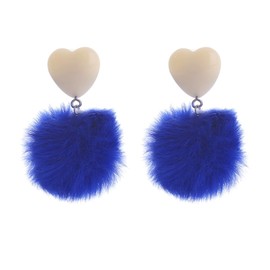 Heart Pom Pom Drop Earring Resin Heart Colorful Faux Fur Round Ball Dangle Earring Cute Heart Pom Pom Earring Valentines Jewelry Gift for Women -Dark Blue