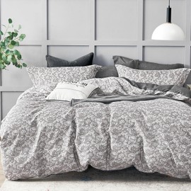 LEMIROE Vintage 100% Cotton Duvet Cover Queen Size,Grey & Taupe Paisley Floral Patterns on Grey, Luxrious Reversible Gray Bed Sets 3Pcs,Button Closure