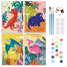 RICUVED 4 Pack Paint by Numbers Adults, Dinosaur Paint by Numbers Paint by Numbers Children with 20 x 30 cm Wooden Frame, DIY Animals with Brushes and Acrylic Paints, Hand Painted Oil Painting Canvas