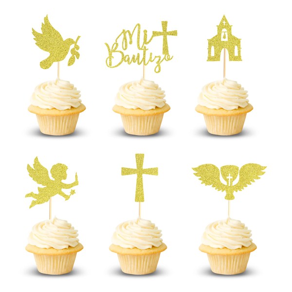 Arthsdite 24Pcs Spanish Mi Bautizo Cupcake Toppers with Cross Angel