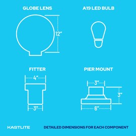 KASTLITE 12" Globe Pier Mount Outdoor Lighting with LED Lamp | UV & Waterproof Pillar & Column Lights | Deck Driveway Yard Patio & Garden Fixture | Made in USA | Clear Cover, Black Decorated Base