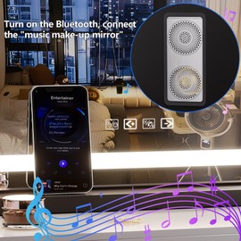 Hasipu Vanity Mirror with Lights and Bluetooth Speaker, 32" x 21.7" LED Makeup Mirror, Lighted Makeup Mirror with Dimmable 3 Modes, USB Charging Port, Round Black