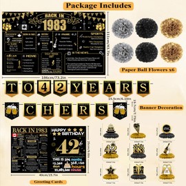 42nd Birthday Decorations for Women Men, 18PCS Black Gold Back in 1983 Banner Decorations, Canada Bday Backdrop, 42 Year Old Banner for Her Him, Birthday Card, 6 Paper Poms 9 Honeycomb Balls