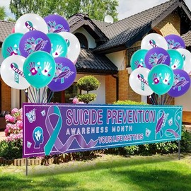 Suicide Prevention Awareness Party Decorations,Include Banner and Balloons,Teal and Purple Ribbon Outdoor Yard Sign for World Suicide Prevention Month Scene & Charity Party Supplies.