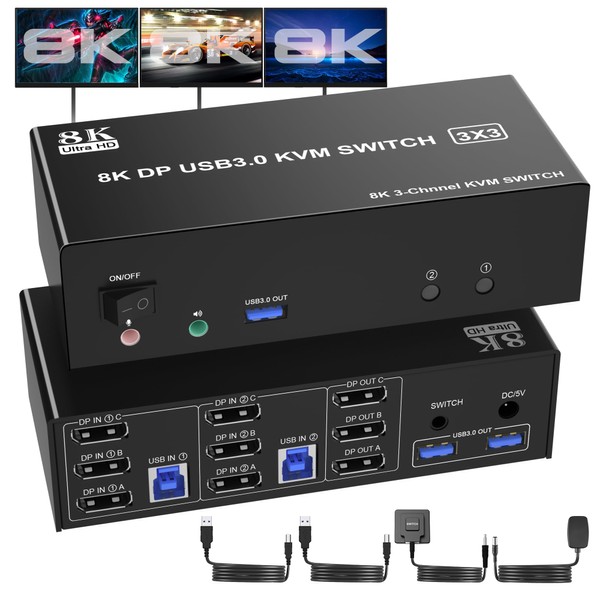8K Displayport USB 3.0 KVM Switch 3 Monitors 2 Computers, DP1.4 Triple Monitor KVM Switch with Audio Microphone Output and 3 USB 3.0 Ports, 8K DP KVM Triple Monitor Keyboard Mouse Switcher