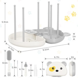 Baby Bottle Brush Set - 7 in1 Travel Bottle Cleaner Kit with Silicone Brush, Nipple Brush, Straw Brush, Bottle Drying Rack, Soap Dispenser, Storage Box, Baby Travel Essential Gift for Parents (Grey)