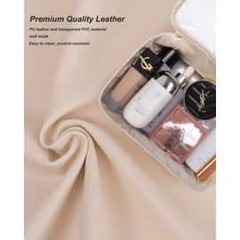 FCQQYWZ Double Layer Travel Clear Makeup Bag with Makeup Brush Bag, PU Leather Transparent Cosmetic Bag Organizer Storage Clear Travel Bags for Toiletries for Women and Girl (Beige)