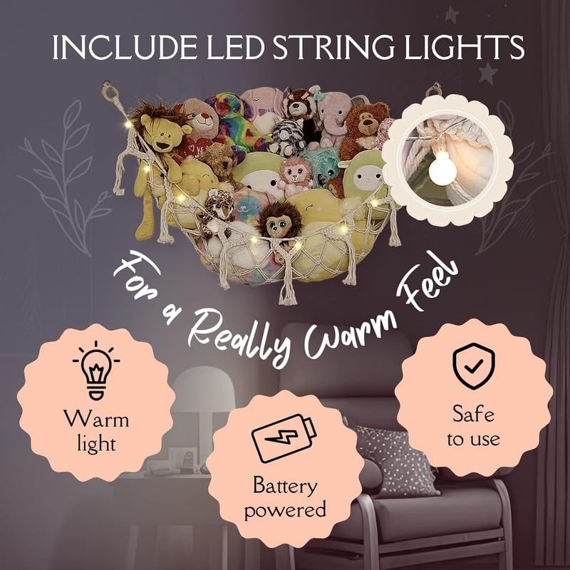 Stuffed Animal Storage Macrame Hammock w/String Lights for Flat Walls