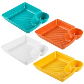 YOFAPA Chip and Dip Serving Platters, 4 Pcs Plastic Dumpling Plates with Dipping Saucers, Colorful Japanese Sushi Serving Trays, 7.1×6.5" Reusable Snack Dishes for Salad, Appetizer, Dessert