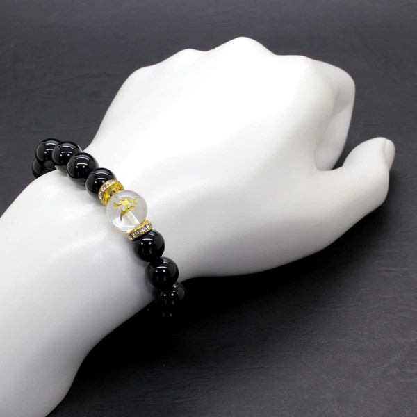 [Ishikui] B347 Born in Tatsumi Gold Carved Crystal with Patron Letter 0.6 inch (14 mm) Natural Stone Onyx 12mm Prayer Beads Bracelet, Stone, Onyx