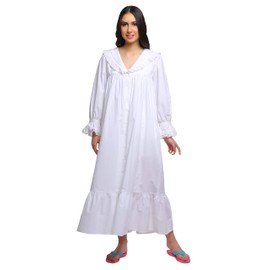 Moomaya Button Down Maxi Nightdress Long Sleeve Solid Women’s Cotton Nightwear White