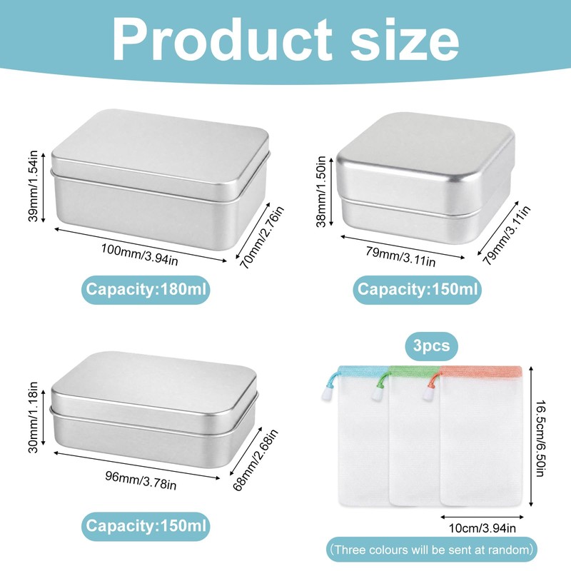 3pcs Soap Tin, 180 ml/150 ml, Aluminum, with 3 Soap
