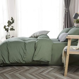 JELLYMONI Green 100% Washed Cotton Duvet Cover Set, 2 Pieces Luxury Soft Bedding Set with Zipper Closure. Solid Color Pattern Duvet Cover Queen Size(No Comforter)