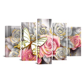 DuoBaorom 5 Pieces Pink Rose Wall Art Romantic Butterfly Picture Grey and Gold Floral Canvas for Bedroom