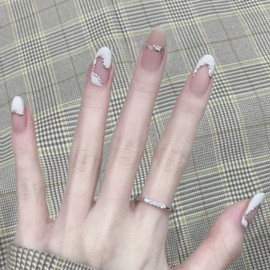 Light Rain Press on Nails - Milk, 3D Handmade white Reusable Gel UV Finished False nails, Hand-Painted with Design by Professional Manicurist, Medium Oval, Large Size