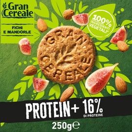 Gran Cereale, Biscotti Proteici Protein+ Fichi e Mandorle, con 16% di Proteine e Ingredienti 100% Vegetali, Biscotti da colazione, Tubo da 250g