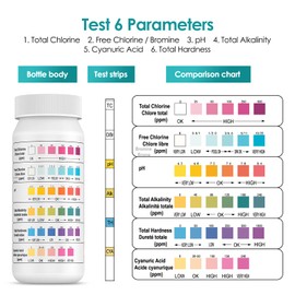 Ehomfy Pack of 100 Pool Test Strips, 6 in 1 Pool Tester Chlorine and PH, pH Value Test Strips, Water Tester, Quick Test, Easy Checking of Water Quality, pH Test Strips Pool/Hot Tub/Spa/Fountain