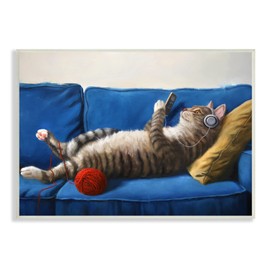 Stupell Industries Cat Couch Relaxing Red Yarn Ball Pet Portrait Wall Plaque, 15 x 10, Blue