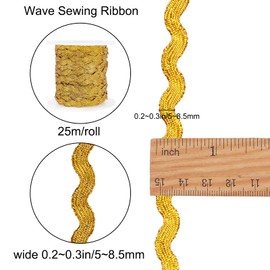 GORGECRAFT 1 Roll 27yd/25m Glitter Gold RIC Rac Trim Ribbon Metallic Wave Sewing Bending Fringe Trim 5mm/0.2 inch for Sewing Flower Making Wedding Party Lace Ribbon Craft