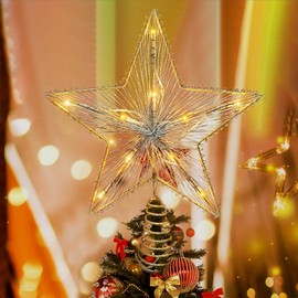 Christmas Tree Topper, 11.8 Inches Gold Glittered Xmas Tree Star Topper 10 LED Light Up Star Tree Topper Xmas Metal Wire Tree Top Ornament for Home Office Xmas Party Decor (Star)