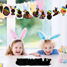 FEPITO 24 Pcs Easter Scratch Paper Kits Bunny Scratch Paper Black Doodle Pad Magic Painting Board Craft with 10 Wooden Stylus and 8M Ribbons for Easter