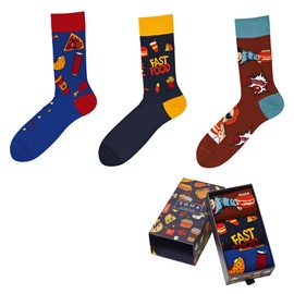 Ntelioglou Patterned Breathable Men's Socks with Gift Box | 3-Piece Patterned and Colourful Funny Cotton Boys Socks | Men's Socks Size 41-46, Street Food