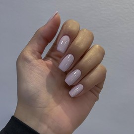 Light Pink Short Press on Nails Square Fake Nails Acrylic False Nails Glossy Glue on Nails Full Cover Stick on Nails Artificial Static Nails for Women 24pcs