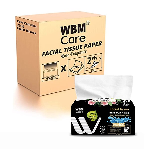 WBM Care Professional Facial Tissue with Rose Fragrance, 10 Boxes/Case, 200 Sheets/Each, Pack of 10, White