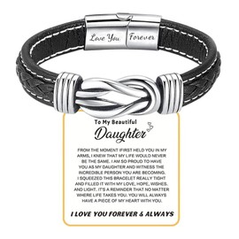 To My Daughter Love You Forever Bracelet, Mother and Daughter Forever Linked Together Braided Leather Bracelet, Inspirational Wristband for Women Infinity Knot Engraved Bangle Gift from Mom