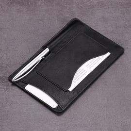 HISCOW Classy Leather Note Jotter with Pen Holder - Italian Calfskin (Vintage Black)