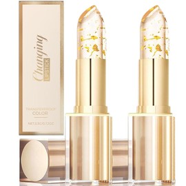 2Pcs Transferproof Color Changing Lipstick,Gold Crystal Color Changing Lipstick,Long Lasting 24 Hours Moisturizing Glossy Shine Lip Gloss for Women