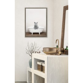 Kate and Laurel Sylvie Cat in Rustic Bath Framed Canvas Wall Art by Amy Peterson Art Studio, 18x24 Gray, Modern Fun Decorative Bathtub Wall Art for Home Décor