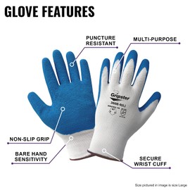 Global Glove Gripster General Purpose Abrasion and Puncture Resistant Gloves, Lightweight 13-Gauge White Polyester with a Blue Etched Rubber Coated Palm and Secure Wrist Cuff, Pack of 12 Pairs, Medium