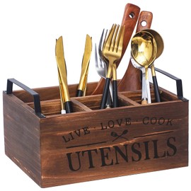 Wenosda Wooden Kitchen Utensil Holder with 4 Compartments, Utensil Holder Kitchen with Drain Hole, Cooking Spoon Holder, Utensil Organiser for Worktop, 2 Side Handles for Easy Moving