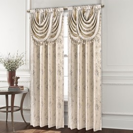 Loom and Mill Luxury Damask Curtains with Attached Waterfall Valances for Bedroom, Thick Jacquard Window Curtains with Tiebacks for Living Room Party Home Decor, Rod Pocket(2 Panels, 52 x 84 Inch)