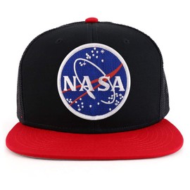 Armycrew Oversize XXL NASA Meatball Logo Patch Flatbill Mesh Snapback Cap - Black Red - 2XL